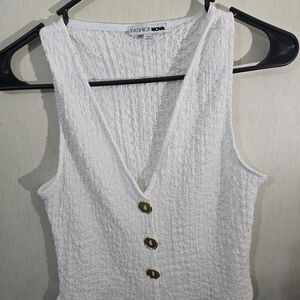 Fashion Nova White Textured Tank Top with Gold Buttons